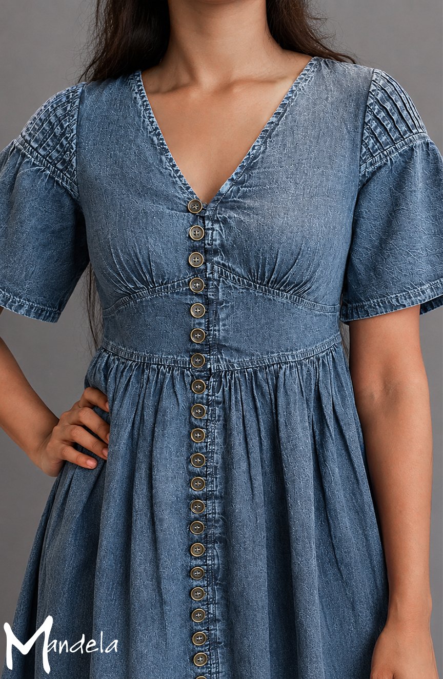 V-Neck Front Buttoned Short Sleeve Denim dress 