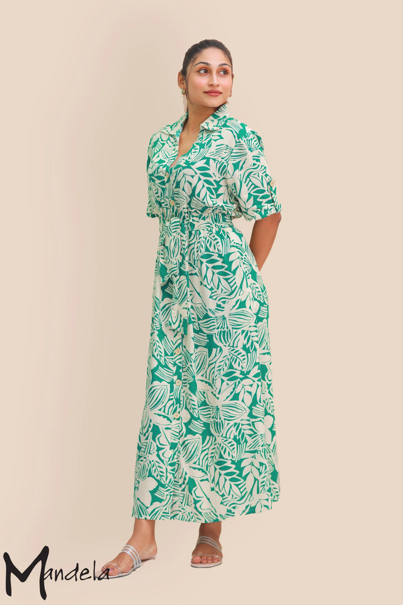Green Linen Printed Maxi Dress